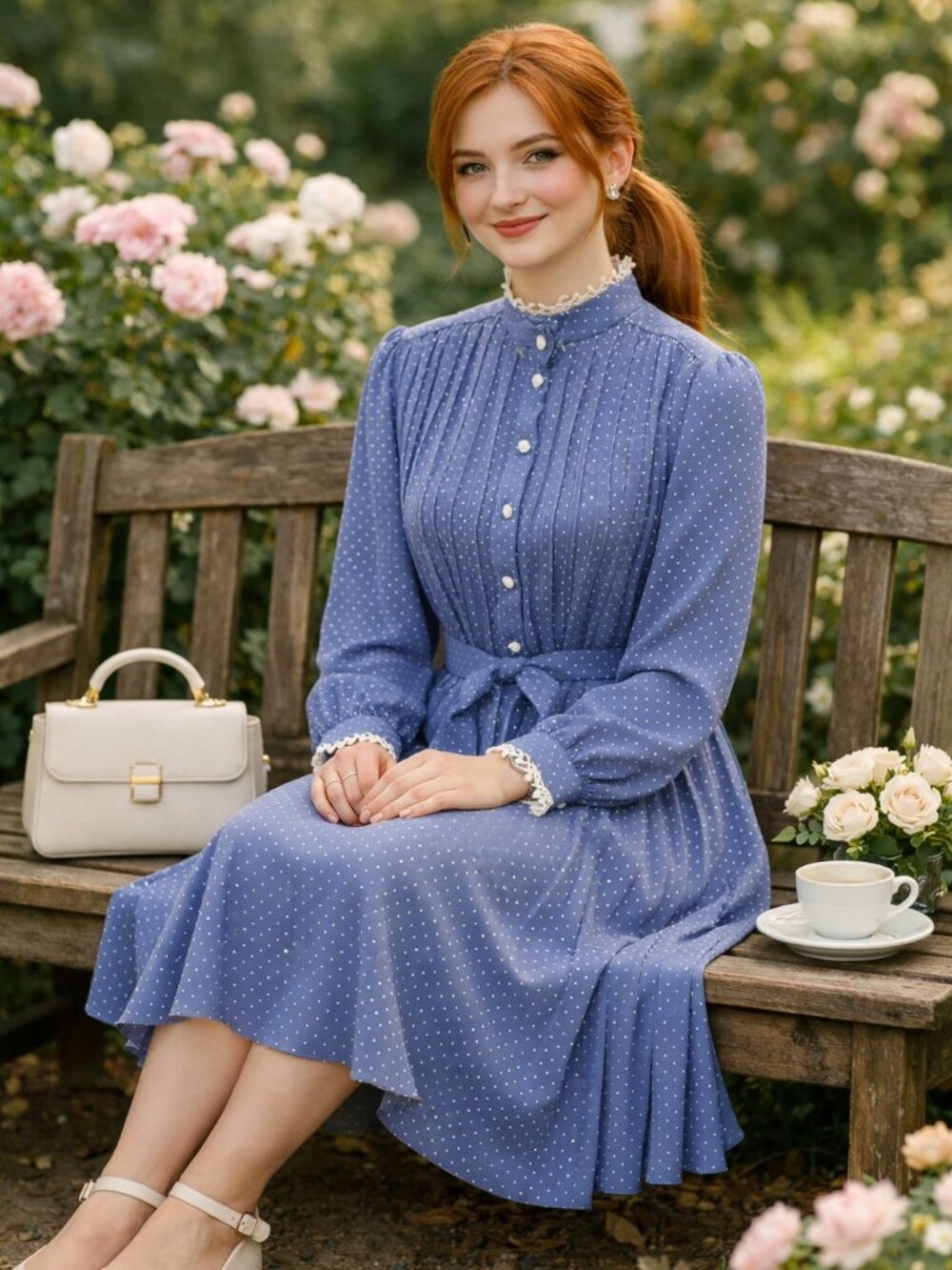 Vintage New Discoveries Blue Polka Dot Long Sleeve Dress embroidered trim Sz10